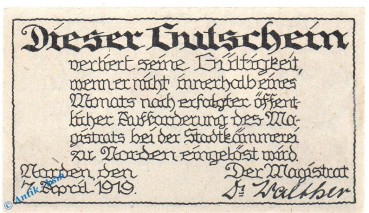 Preview: Notgeld Norden , 50 Pfennig Schein in kfr. Tieste 5150.05.66 , von 1919 , Hannover Verkehrsausgabe
