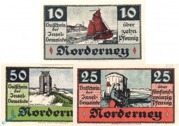 Notgeld Norderney , Set mit 3 Scheinen in kfr. Reihe 2 , Mehl Grabowski 984.1 , von 1920 , Niedersachsen Seriennotgeld