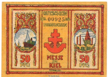 Notgeld Nordische Messe Kiel 698.1.c , 50 Pfennig Schein o. Raster in kfr. von 1921 , Schleswig Holstein Seriennotgeld 
