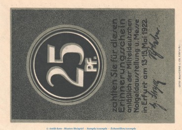 Notgeld Notgeldausstellung Erfurt 343.1 , 25 Pfennig Schein in kfr. von 1922 , Thüringen Seriennotgeld