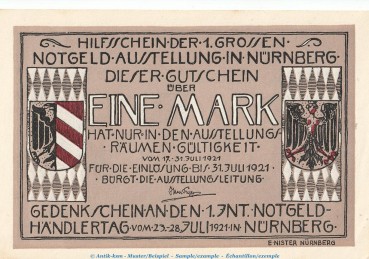 Preview: Notgeld Notgeldausstellung Nürnberg 991.1 , 1 Mark Schein Nr.1 in kfr. von 1921 , Bayern Seriennotgeld