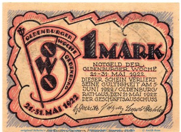 Preview: Notgeld Oldenburger Woche OWO , 1 Mark Schein Nr 1 in kfr. von 1922 , Niedersachsen Seriennotgeld