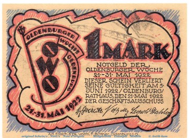 Preview: Notgeld Oldenburger Woche OWO , 1 Mark Schein Nr 2 in kfr. von 1922 , Niedersachsen Seriennotgeld