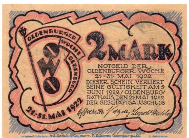 Preview: Notgeld Oldenburger Woche OWO , 2 Mark Schein Nr 1 in kfr. von 1922 , Niedersachsen Seriennotgeld