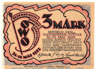 Preview: Notgeld Oldenburger Woche OWO , 3 Mark Schein Nr 1 in kfr. von 1922 , Niedersachsen Seriennotgeld