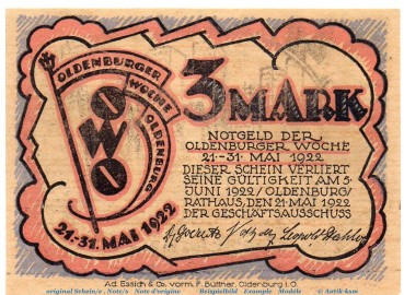 Preview: Notgeld Oldenburger Woche OWO , 3 Mark Schein Nr 2 in kfr. von 1922 , Niedersachsen Seriennotgeld
