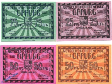 Notgeld Oppurg , Set mit 4 Scheinen in kfr. Mehl Grabowski 1023.1 , von 1921 , Thüringen Seriennotgeld