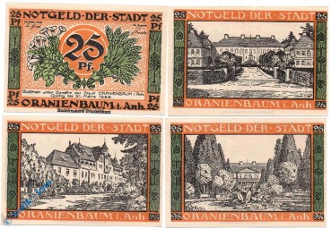Notgeld Oranienbaum , Set mit 4 x 25 Pfennig , Mehl Grabowski 1024.1 , Sachsen Anhalt Seriennotgeld