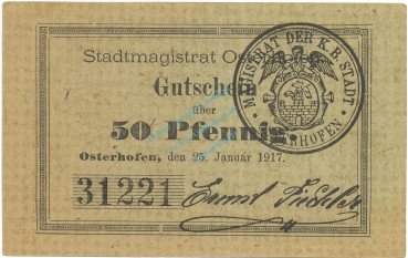 Notgeld Osterhofen , Einzelschein üaber 50 Pfennig , Tieste 5445.170 , von 1917 , Bayern Verkehrsausgabe
