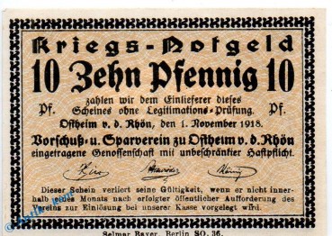 Notgeld Ostheim , 10 Pfennig Schein in kfr. Lichtenburg , Tieste 5465.05.41 , von 1918 , Sachsen Verkehrsausgabe