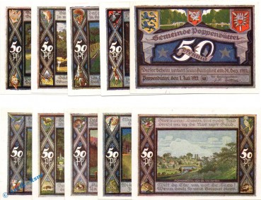 Notgeld Poppenbüttel , Set mit 10 Scheinen in kfr. Mehl Grabowski 1068.2 , von 1921 , Hamburg Seriennotgeld