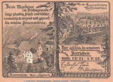 Notgeld Posenmühle Bucha 196.1.b , 50 Pfennig Schein in kfr. von 1921 , Thüringen Seriennotgeld