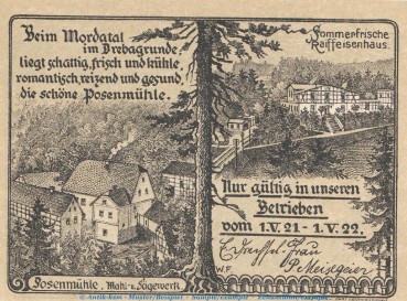Notgeld Posenmühle Bucha 196.1.c , 25 Pfennig Schein in kfr. von 1921 , Thüringen Seriennotgeld