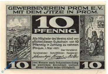 Notgeld Prüm , 10 Pfennig Schein , Mehl Grabowski 1079.1 , von 1921 , Rheinland Seriennotgeld