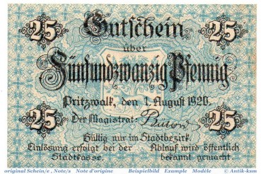 Notgeld Pritzwalk , 25 Pfennig Schein in kfr. Tieste 5775.05.05 , von 1920 , Baden Verkehrsausgabe