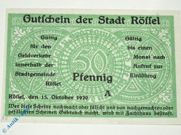 Notgeld Rössel , 50 Pfennig Schein A , Tieste 6115.10.25 , von 1920 , Ostpreussen Verkehrsausgabe