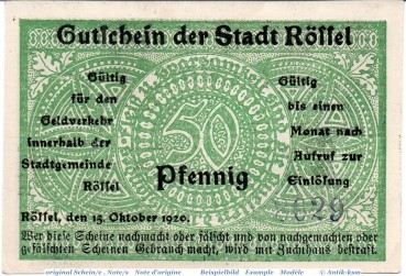 Notgeld Rössel , 50 Pfennig Schein in kfr. Tieste 6115.10.20 , von 1920 , Ostpreussen Verkehrsausgabe