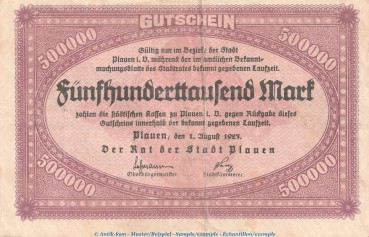 Notgeld Rat der Stadt Plauen , 500.000 Mark Schein in gbr. Keller 4330.b von 1923 , Sachsen Inflation