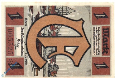 Notgeld Rees , 1 Mark Schein , Mehl Grabowski 1104.1 , von 1921 , Westfalen Seriennotgeld