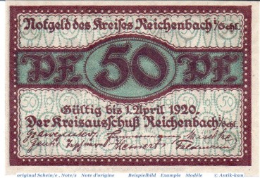 Notgeld Reichenbach , 50 Pfennig Schein in kfr. Tieste 5980.10.05 , o.D. Schlesien Verkehrsausgabe