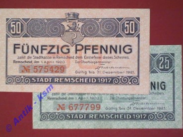 Remscheid , Notgeld Set 2 Scheine unc-kfr. Ti.6020.05.25-26 , RHL 1920 Verkehrsausgabe -0087-