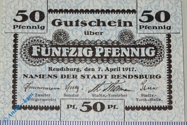 Notgeld Rendsburg , 50 Pfennig Schein , Musterschein ohne Kennummer , Tieste 6025.05.02.M , von 1917 , Schleswig Holstein Verkehrsausgabe