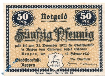 Notgeld Reppen , 50 Pfennig Schein , Tieste 6030.05.01 , von 1920 , Brandenburg Verkehrsausgabe