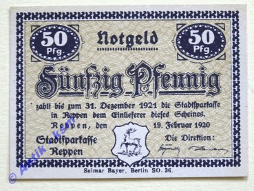 Notgeld Reppen , Brandenburg , Einzelschein über 50 Pfennig , Tieste 6030.01 , von 1920 , Verkehrsausgabe