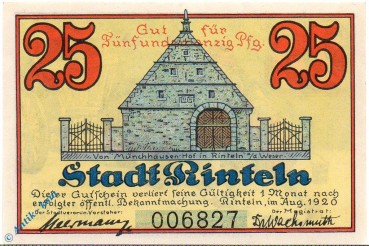 Notgeld Rinteln , 25 Pfennig Schein , ohne Signatur , Mehl Grabowski 1125.1 a , von 1920 , Niedersachsen Seriennotgeld