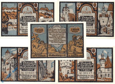 Notgeld Stadt Rothenburg 1142.6 , Satz -blau- mit 5 Scheinen in kfr. von 1921 , Bayern Seriennotgeld