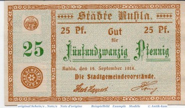 Notgeld Ruhla , 25 Pfennig Schein in kfr. Tieste 6300.05.10 , von 1918 , Thüringen Verkehrsausgabe