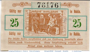 Preview: Notgeld Ruhla , 25 Pfennig Schein in kfr. Tieste 6300.05.15 , von 1918 , Thüringen Verkehrsausgabe