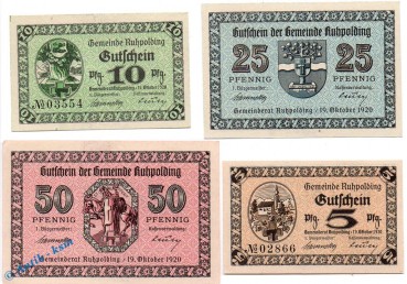 Notgeld Ruhpolding , Satz mit 4 Scheinen in kfr. Tieste 6305.01 bis 04 , von 1920 , Bayern Verkehrsausgabe