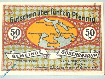 Notgeld Süderbrarup , 50 Pfennig Schein Nr 2 , mit 2 x Stellvtr , Mehl Grabowski 1294.7 A , Schleswig Holstein Seriennotgeld