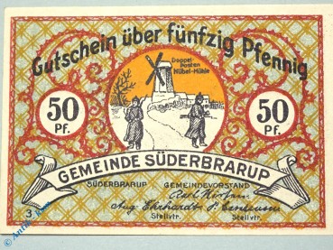 Notgeld Süderbrarup , 50 Pfennig Schein Nr 3 , mit 2 x Stellvtr , Mehl Grabowski 1294.7 A , Schleswig Holstein Seriennotgeld
