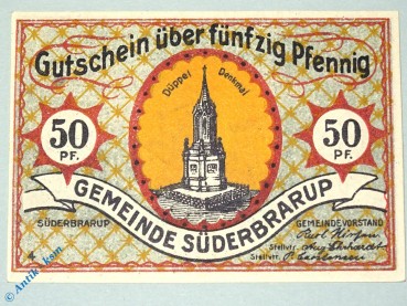 Notgeld Süderbrarup , 50 Pfennig Schein Nr 4 , mit 2 x Stellvtr , Mehl Grabowski 1294.7 A , Schleswig Holstein Seriennotgeld