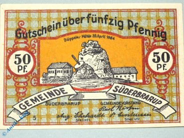 Notgeld Süderbrarup , 50 Pfennig Schein Nr 5 , mit 2 x Stellvtr , Mehl Grabowski 1294.7 A , Schleswig Holstein Seriennotgeld