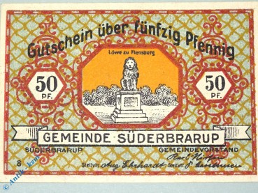 Notgeld Süderbrarup , 50 Pfennig Schein Nr 8 , mit 2 x Stellvtr , Mehl Grabowski 1294.7 A , Schleswig Holstein Seriennotgeld