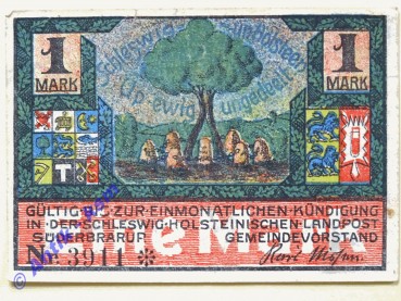 Notgeld Süderbrarup , Schleswig Holstein , Einzelschein über 1 Mark , Mehl Grabowski 1294.3 , Seriennotgeld