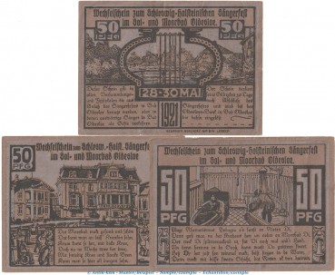 Oldesloe , Notgeld Sängerfest Set mit 3 Scheinen in kfr. M-G  1020.1 , Schleswig Holstein 1921 Seriennotgeld