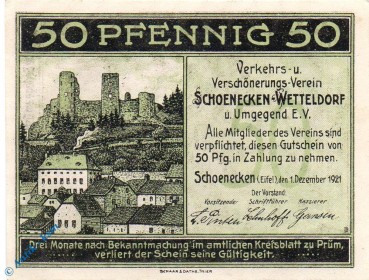 Notgeld Schönecken Wettelsdorf , 50 Pfennig Schein , Mehl Grabowski 1198.1 , von 1921 , Rheinland Serien Notgeld