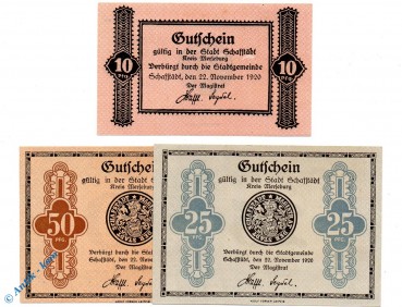 Notgeld Schafstädt , Set mit 3 Scheinen , Tieste 6450.05.20 und 22 , von 1920 , Sachsen Verkehrsausgabe