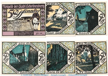 Notgeld Scheibenberg 1175.1.b , Satz mit 6 Scheinen --ohne Kennummer-- von 1921 , Sachsen Seriennotgeld