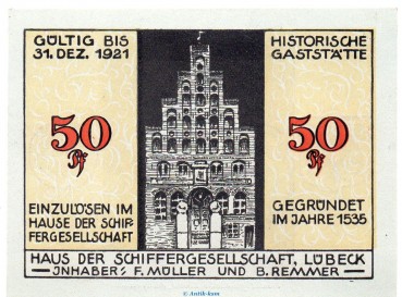 Preview: Notgeld Schiffergesellschaft Lübeck 824.1.b , 50 Pfennig Schein Nr.2 in kfr. o.D. Schleswig Holstein Seriennotgeld