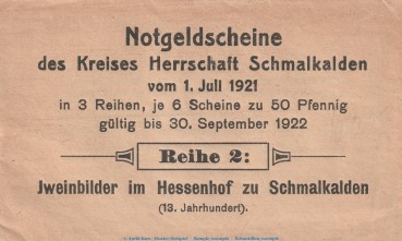 Notgeld Schmalkalden , Umschlag Serie 2 , Verkaufsverpackung zu Mehl Grabowski 1184.2 , von 1921 , Thüringen Seriennotgeld