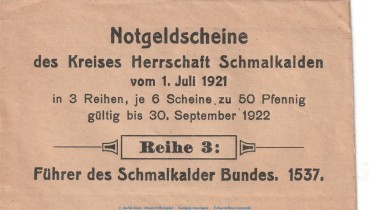 Notgeld Schmalkalden , Umschlag Serie 3 , Verkaufsverpackung zu Mehl Grabowski 1184.3 , von 1921 , Thüringen Seriennotgeld