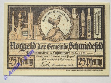 Notgeld Schmiedefeld , Thüringen , Einzelschein 25 Pfennig , gelbbraun - rosa , Seriennotgeld , 1187.5 , von 1921