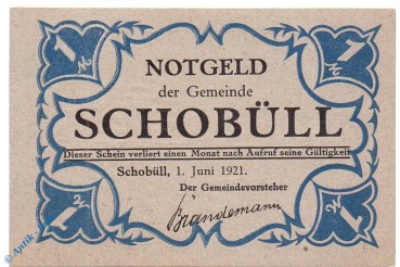 Notgeld Gemeinde Schobüll 1194.8 , 1 Mark Schein grau in kfr. von 1921 , Schleswig Holstein Seriennotgeld