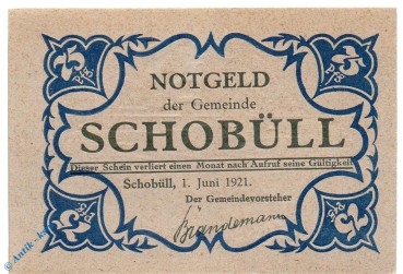 Notgeld Schobüll , 75 Pfennig Schein grau , Mehl Grabowski 1194.8 , von 1921 , Schleswig Holstein Seriennotgeld
