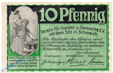 Notgeld Schweich , 10 Pfennig Schein in kfr. Mehl Grabowski 1209.2-3 , von 1920 , Rheinland Pfalz Seriennotgeld